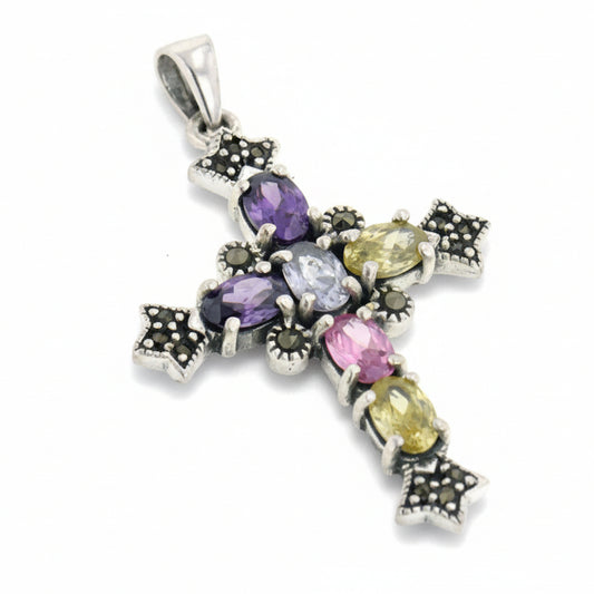 Multicolor CZ and Marcasite Cross Sterling Silver Pendant and 18" Chain Necklace - Silver Insanity