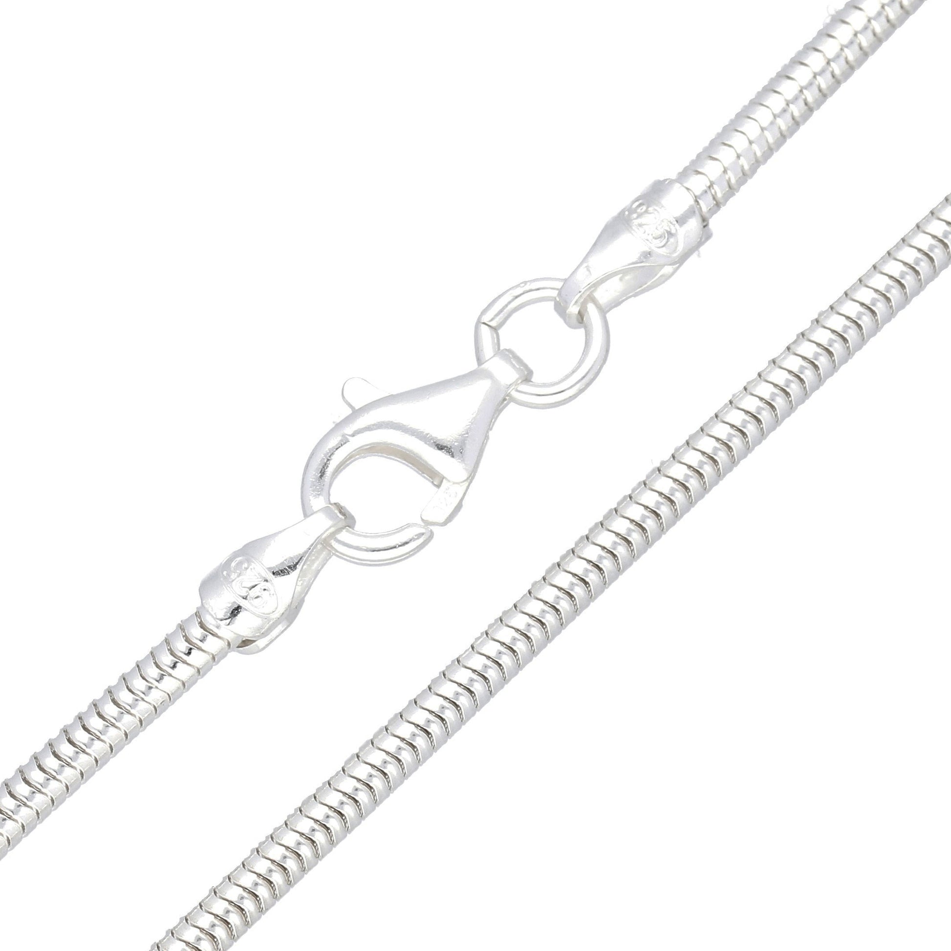 Silver snake chain necklace on a white background
