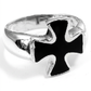 Angled view of a sterling silver ring with a black enamel Iron Cross and silver borders.