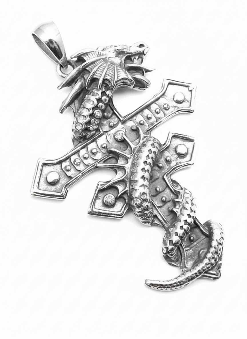 Large Heavy 2.5" Sterling Silver Gothic Dragon Wrapped Two-Barred Cross Pendant