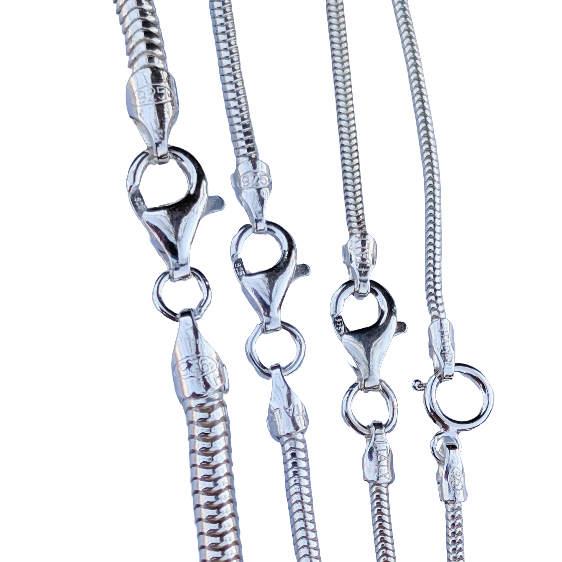 Silver snake chain necklaces with clasp on a white background