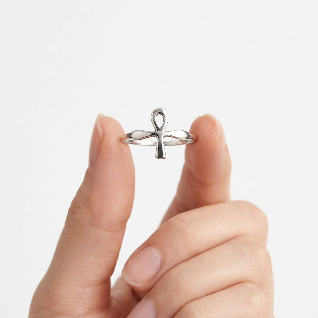 High-polish sterling silver Ankh ring held between fingers.