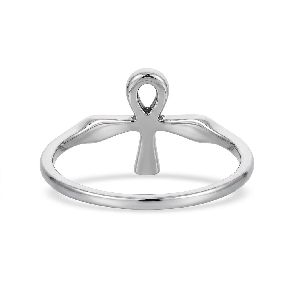 Side view of a high-polish sterling silver Ankh ring.