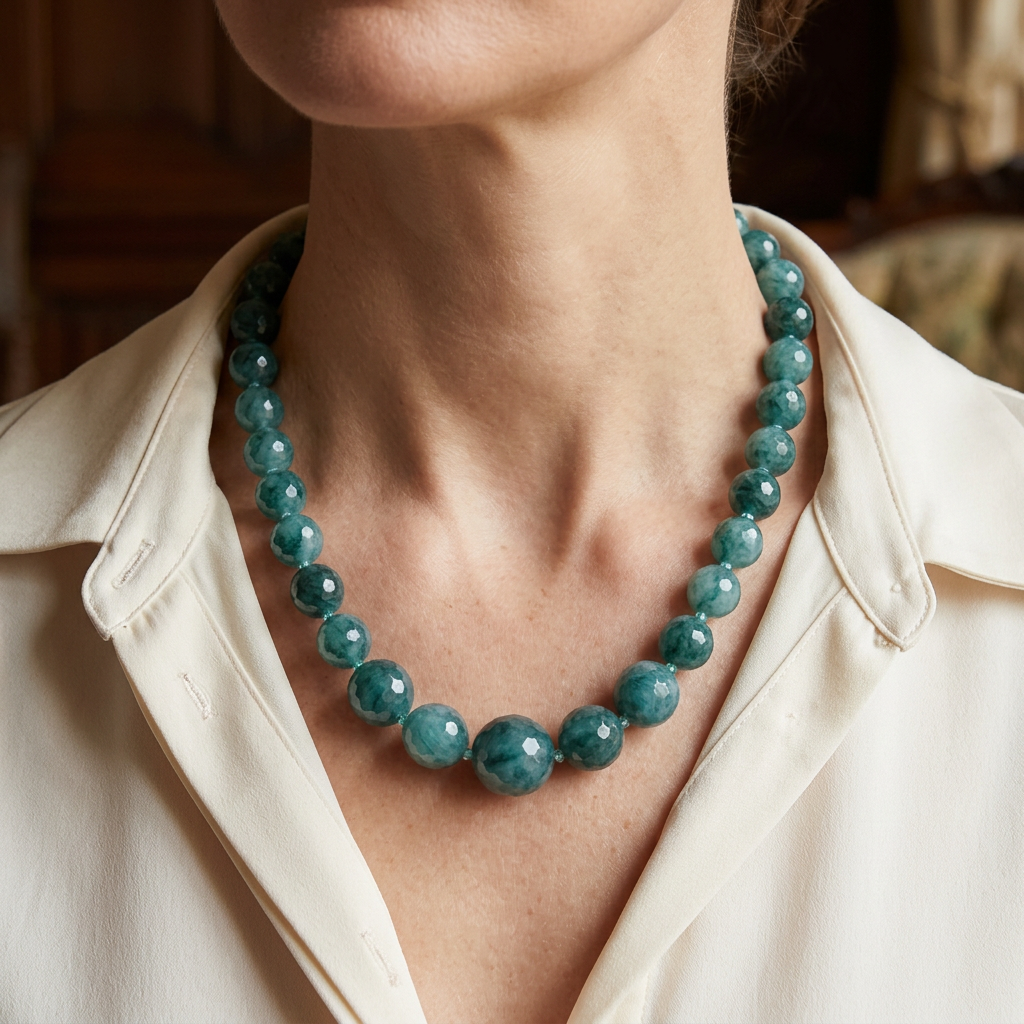 Graduated dark green faceted bead necklace worn with a cream blouse.