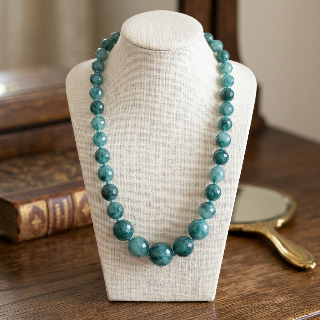 Green candy jade bead necklace on an ivory bust beside an old book and brass mirror.