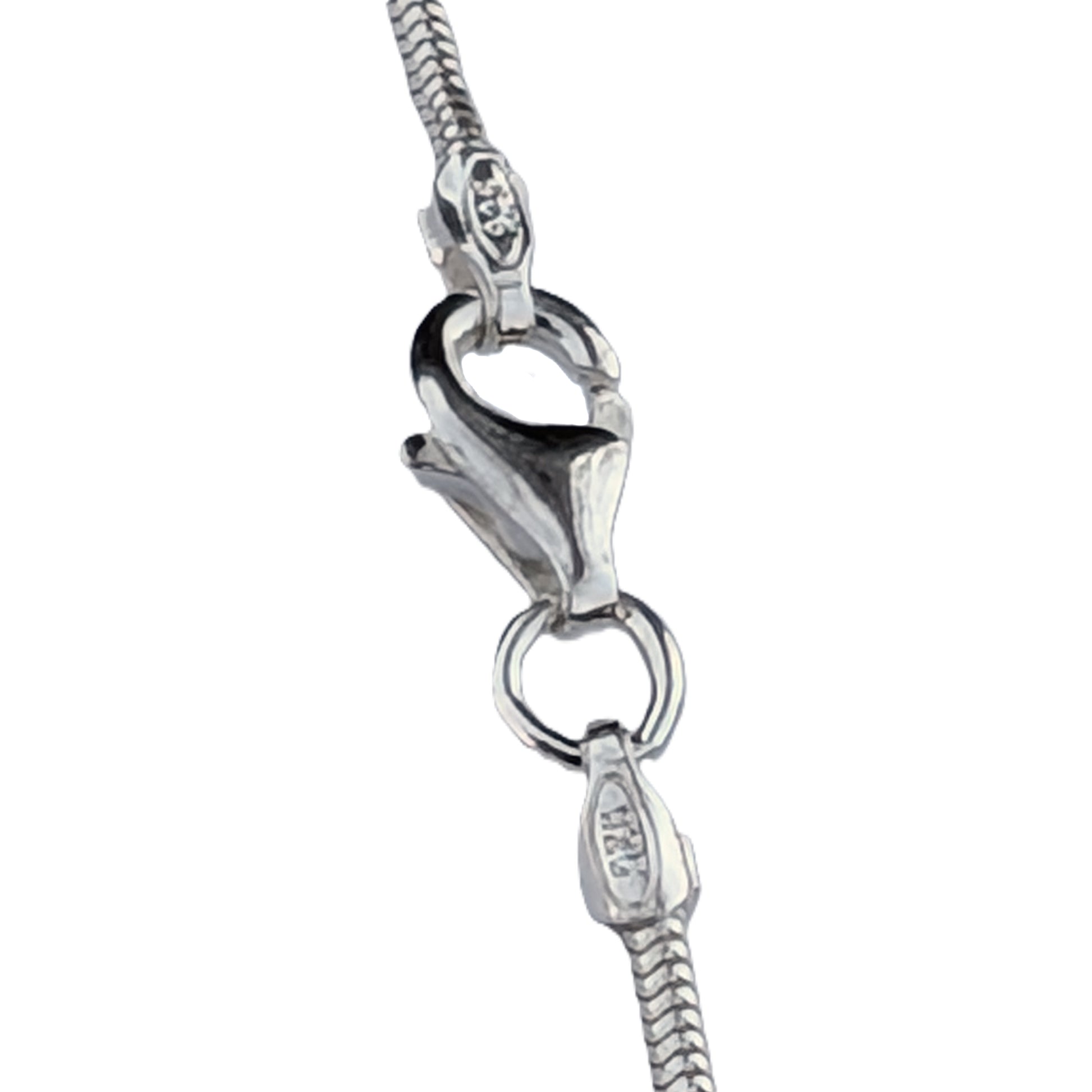 Close-up of a silver snake chain necklace on a white background
