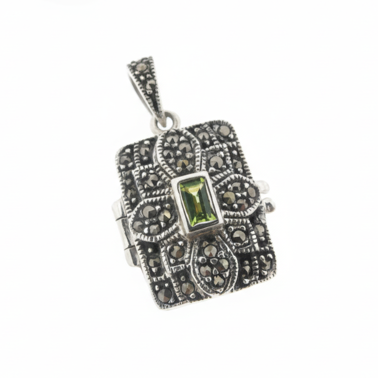 Antiqued Marcasite and Peridot Photo Locket Pendant Sterling Silver
