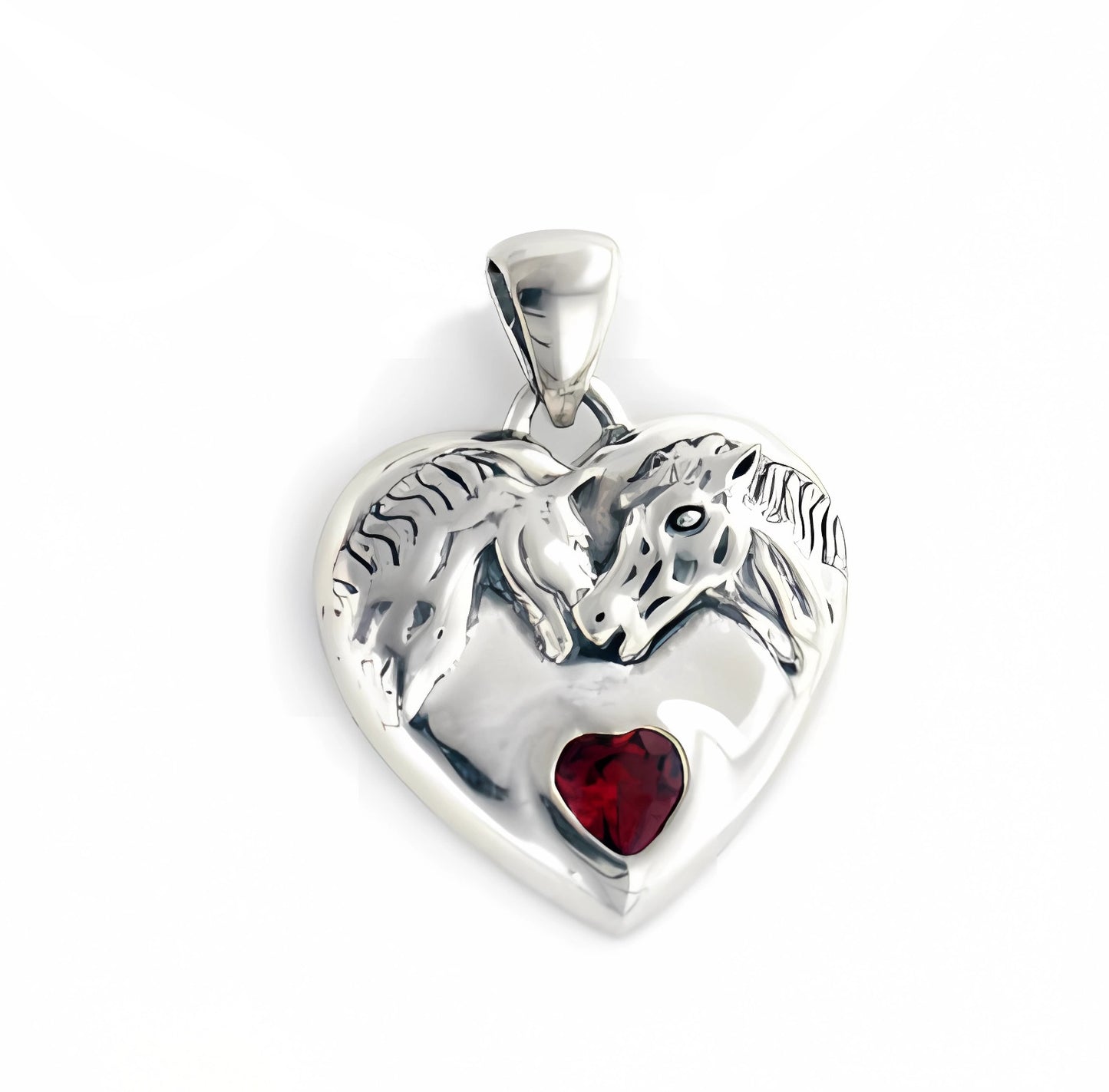 Equestrian Genuine Garnet Horse Heart Sterling Silver Pendant