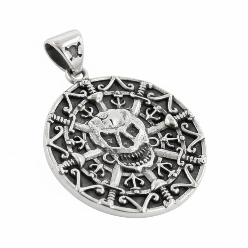 Sterling Silver Pirate Skull Medallion Pendant