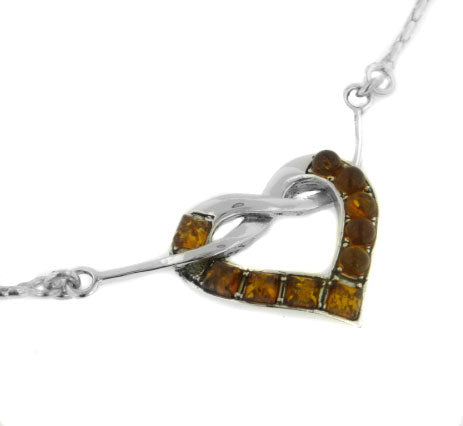 Sterling Silver Genuine Honey Baltic Amber Pendant Knotted Heart 18" Necklace - Silver Insanity