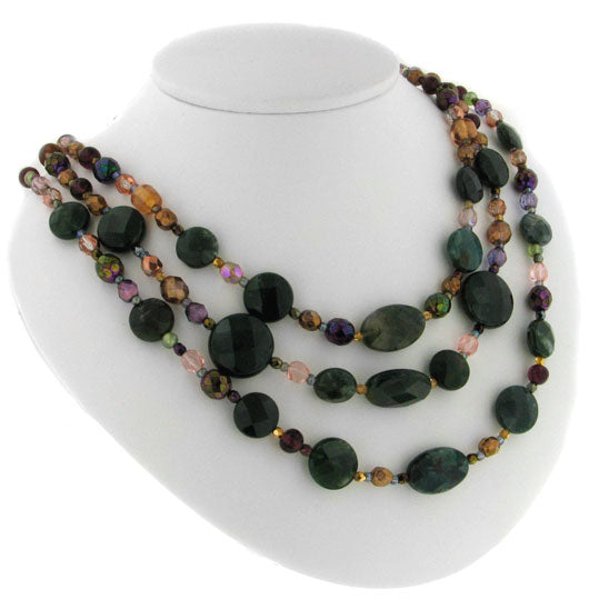 Genuine Moss Agate Beaded Triple Strand Copper Necklace - Silver Insanity