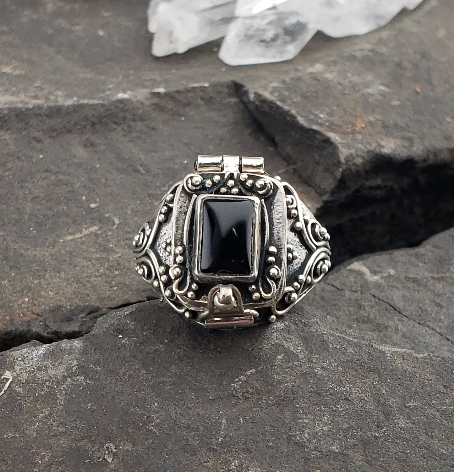 Gothic Black Onyx or Garnet Pyramid | Sterling Silver Poison Locket Ring