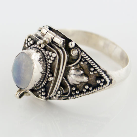 Sterling Silver Medieval Poison Ring with Rainbow Moonstone Ring - Silver Insanity