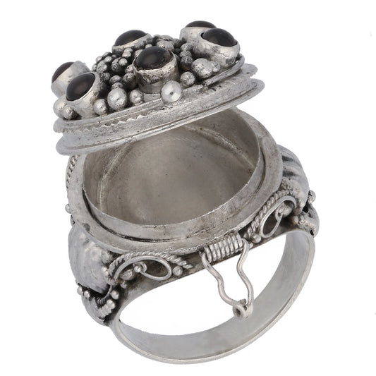 Large Sterling Silver Mystic Garnet Poison Locket Box Ring - Silver Insanity