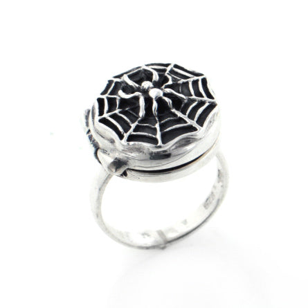 Spider hiding on Spiderweb Locket Poison Ring Sterling Silver - Silver Insanity