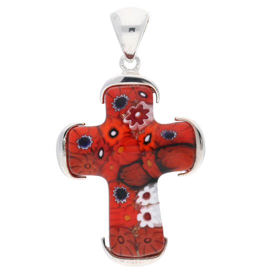 Red, Black, and White Millefiori Sterling Silver Cross Pendant