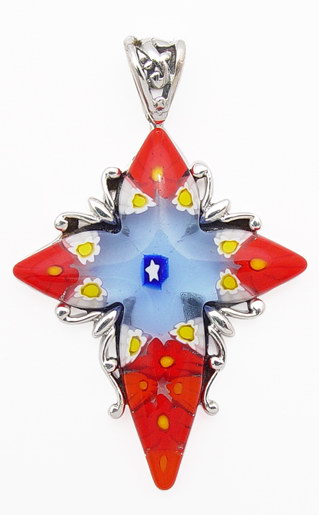 Sterling Silver Red, White, Blue Millefiori Glass Star Cross Pendant - Silver Insanity