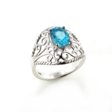 Open Lace Filigree Dome and Genuine Blue Topaz Sterling Silver Ring - Silver Insanity