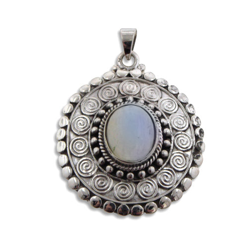 Genuine Rainbow Moonstone Large Shield Disc Sterling Silver Pendant - Silver Insanity