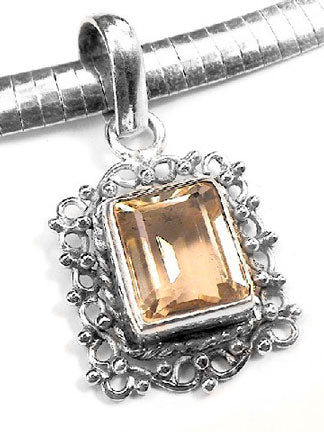 Handmade Sterling Silver Citrine Rectangle Pendant - Victorian Style Frame - Silver Insanity