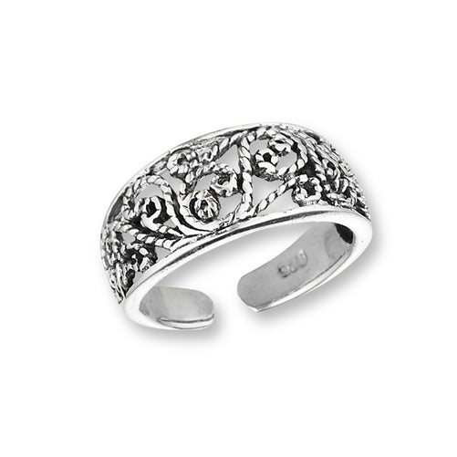 Sterling Silver Antiqued Roped Filigree Scroll Toe Ring - Silver Insanity