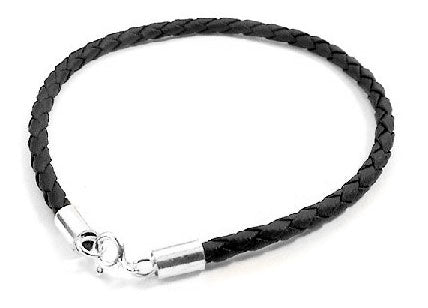 Sterling Silver Black Braided Synthetic Leather Bracelet - 7.5" - Silver Insanity