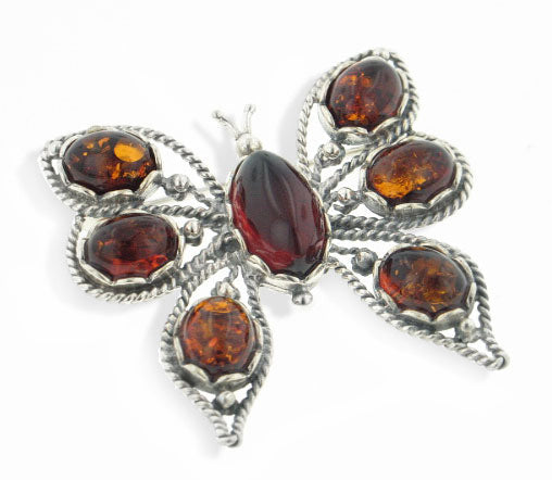 Large Sterling Silver Butterfly Pin Brooch with Genuine Baltic Amber - Silver Insanity