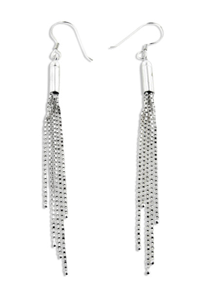Rain Shower Chain Cluster of Dangling Strands Sterling Silver Hook Earrings - Silver Insanity