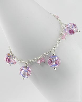 Roses in Pink and Blue Swirl Foil Glass Beads Sterling Silver 7.5" Bracelet - Silver Insanity