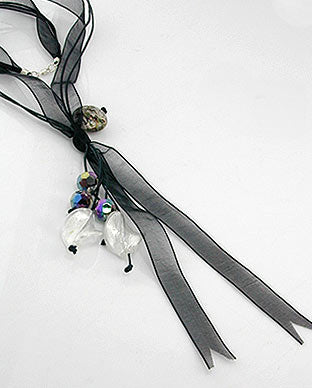 Dark Black Sheer Ribbon and Cord Y Necklace 24" Sterling Silver Clasp - Silver Insanity