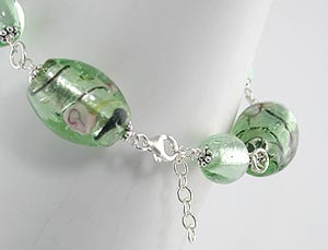 Rose and Green Foil Glass Beads Sterling Silver 8.5" Bracelet - Silver Insanity