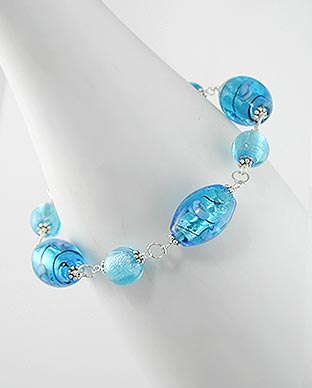 Rose and Deep Ocean Blue Foil Glass Beads Sterling Silver 8.5" Bracelet - Silver Insanity