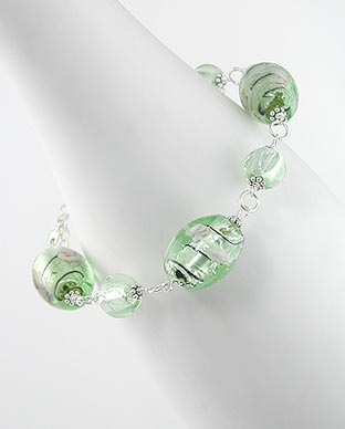 Rose and Green Foil Glass Beads Sterling Silver 8.5" Bracelet - Silver Insanity
