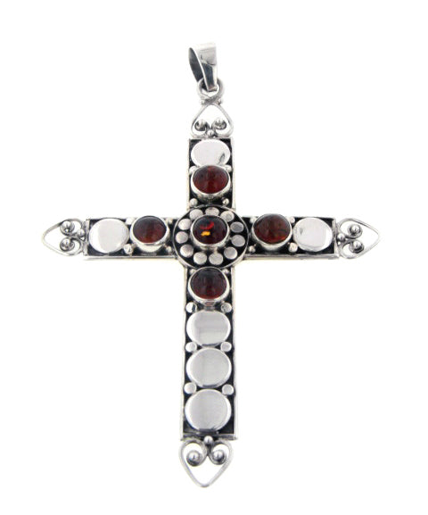 3" Tall Sterling Silver Large Baltic Amber Cross Pendant - Silver Insanity