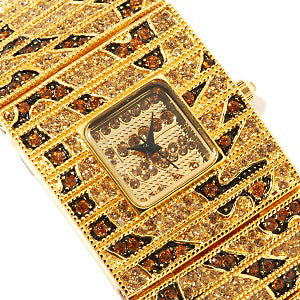 Gold-Toned Leopard Design Watch Bracelet White Crystals - Silver Insanity