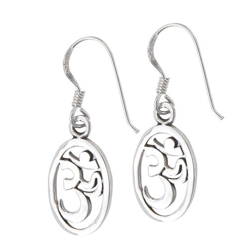 Sterling Silver OM Hindu Symbol Dangle Hook Earrings - Silver Insanity