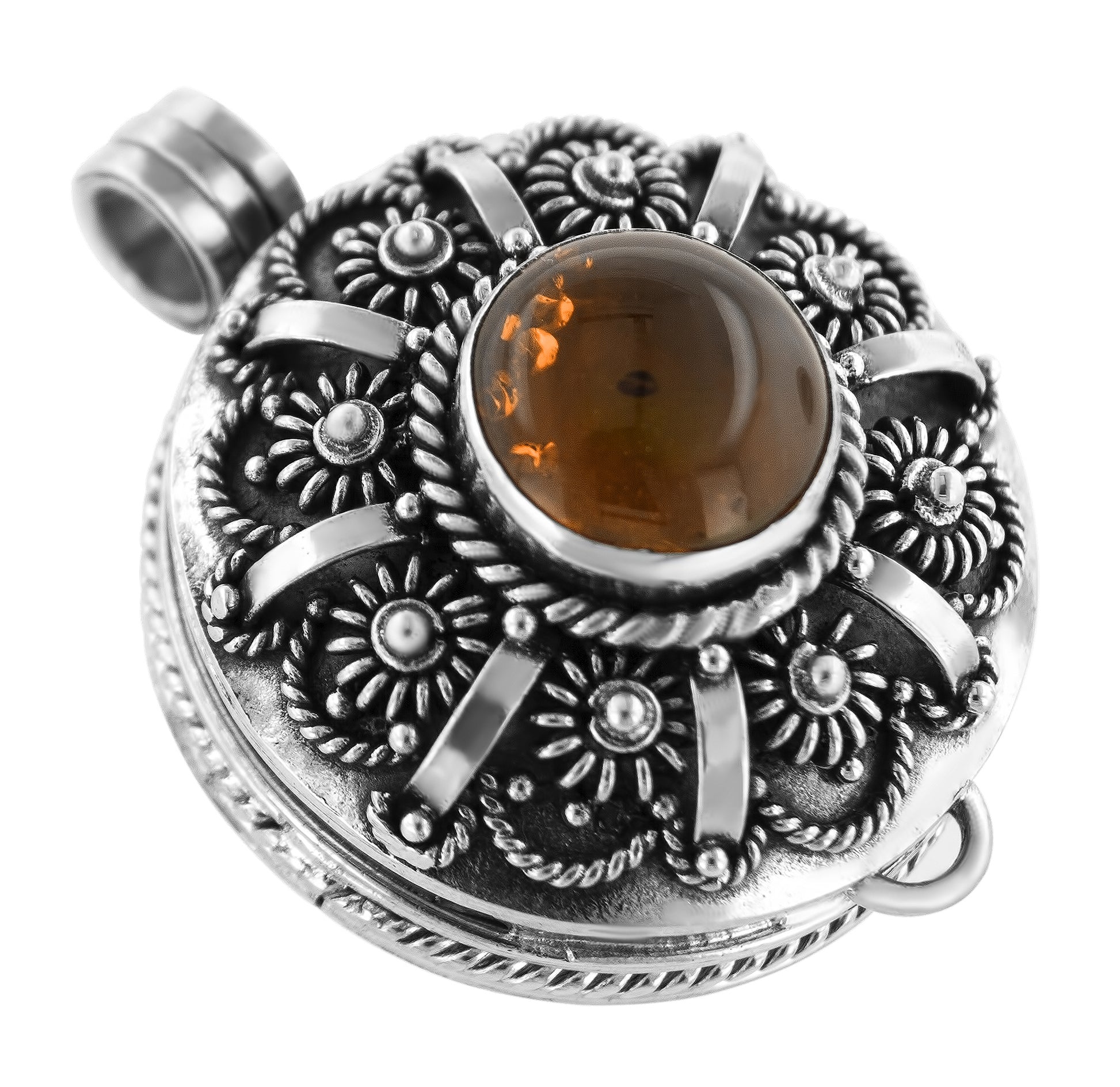 Sterling Silver Pressed Baltic Amber Poison Locket Pendant for Herbs or Prayers - Silver Insanity