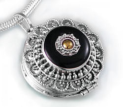 Sterling Silver Black Agate Brass Shield Poison Locket Pendant - Silver Insanity