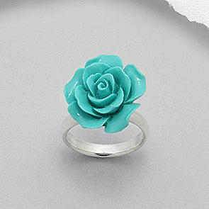 Carved Rose of Beauty 3D Sterling Silver Turquoise Flower Ring - Silver Insanity