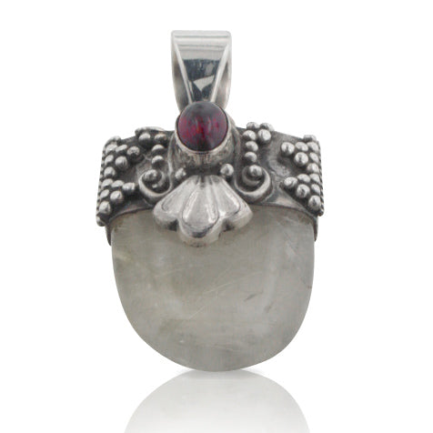 Rutilated Quartz or Hair Stone with Garnet Sterling Silver Pendant - Silver Insanity