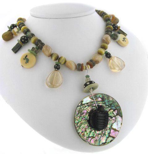Tiger Eye Turtle Abalone Shell Sterling Silver Necklace - Silver Insanity