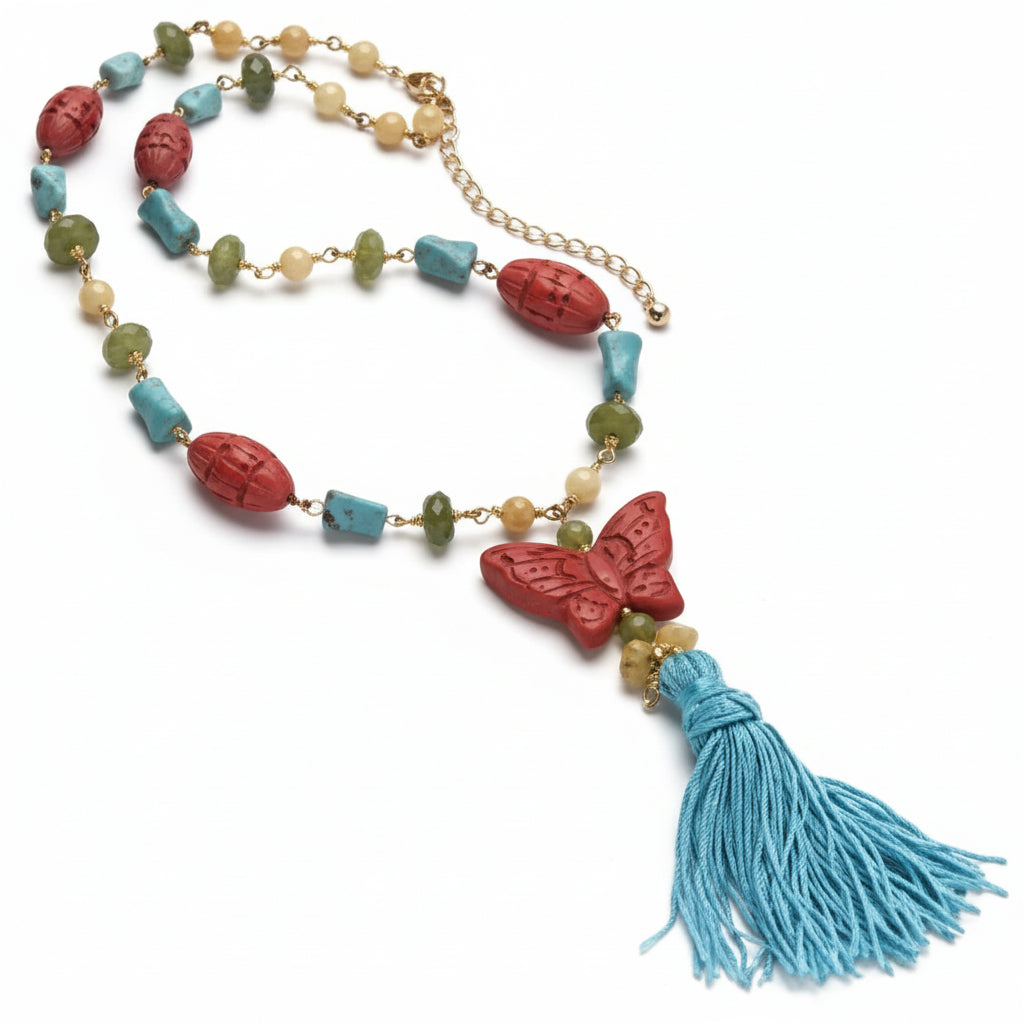DM Carved Red Faux Cinnabar Butterfly Tassel Necklace - Silver Insanity
