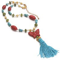 DM Carved Red Faux Cinnabar Butterfly Tassel Necklace - Silver Insanity