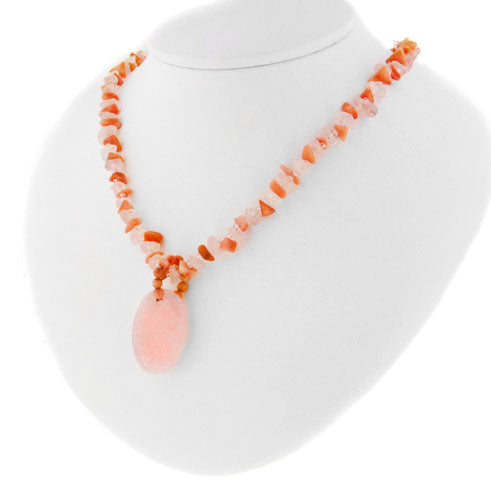 Genuine Rose Quartz and Peach Coral Chips Strand Adjustable 16" to 19.5" Necklace by R.J. Graziano - Silver Insanity