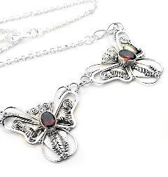 Unique Sterling Silver Genuine Garnet Butterfly Necklace - 17" - Silver Insanity