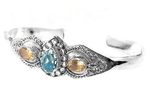 Genuine Citrine and Blue Topaz Sterling Silver Cuff Bracelet - Silver Insanity