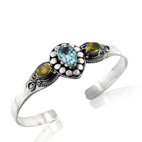 Genuine Citrine and Blue Topaz Sterling Silver Cuff Bracelet - Silver Insanity