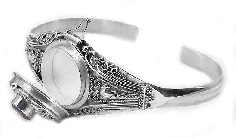 Medieval Sterling Silver Genuine Garnet Locket Box Poison Cuff Bracelet - Silver Insanity