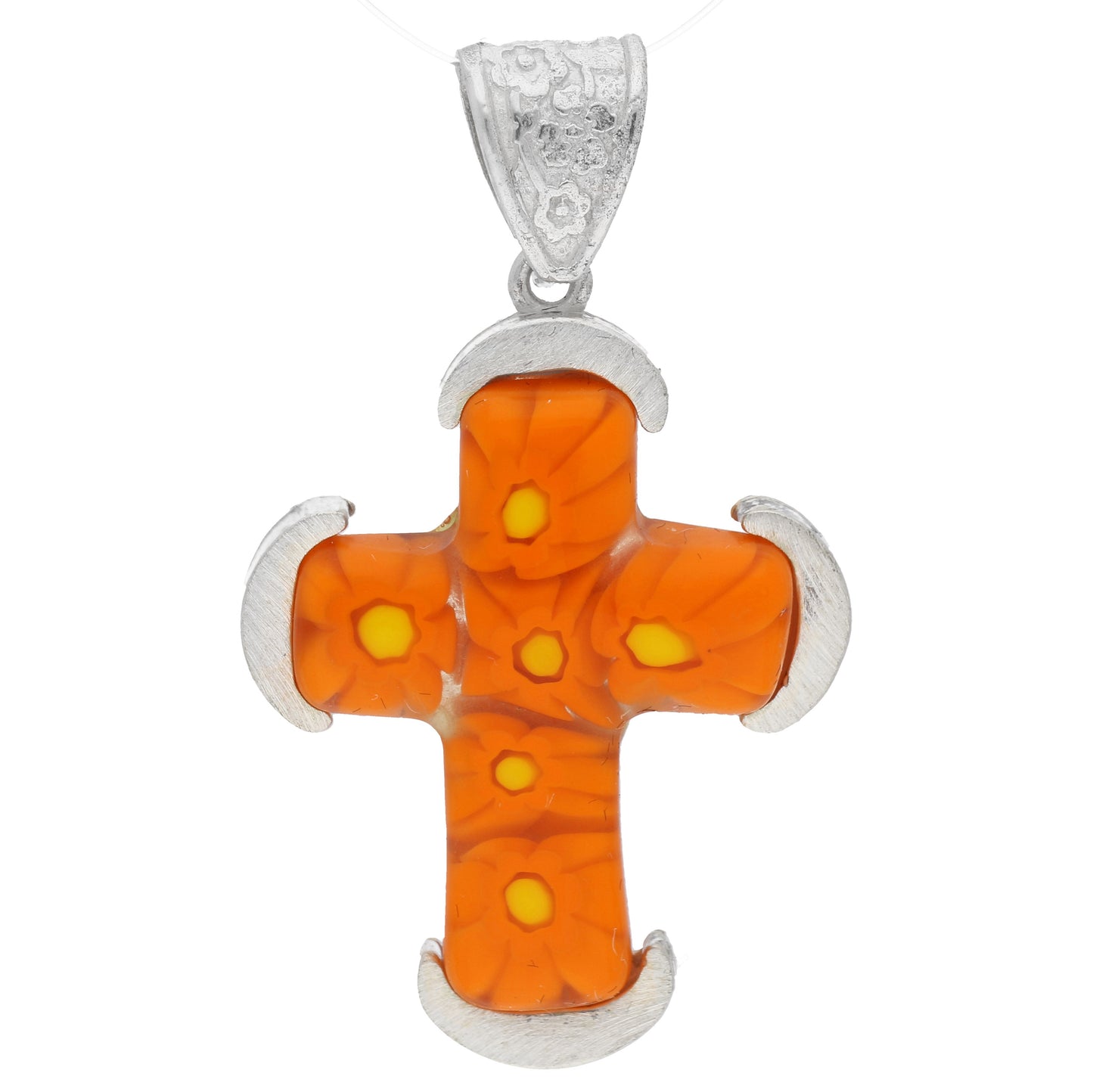 Sterling Silver Orange Millefiori Glass Cross Pendant