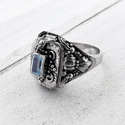 Rectangle-Cut Blue Topaz Poison Box Ring